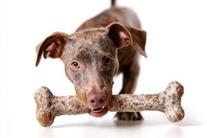 cheerful Pointer is engaged in chewing bone enthusiasm on spotless white background. playful moment captures joy and energy of beloved pet photo