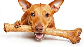 playful Portuguese Podengo is joyfully chewing on large bone while lying on clean white surface. focus is on dog's expression and texture of bone photo