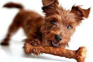 Pudelpointer is joyfully chewing on bone showcasing its playful nature. clean white background highlights dog's features and enjoyment of moment photo