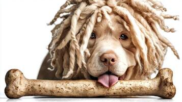 playful Puli enjoys chewing on large bone displaying its distinct fluffy coat and friendly demeanor. clean white background emphasizes its joyful expression and unique features photo