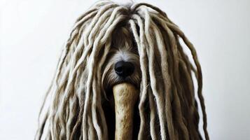 Puli joyfully chews on bone while displaying its distinctive long corded fur. clean white background emphasizes dog's playful expression and striking appearance photo