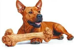 Rhodesian Ridgeback is happily chewing on large bone while resting on clean white background. Its expressive face shows joy as it engages in activity showcasing its playful nature photo