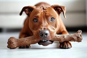 Rhodesian Ridgeback is engaged in chewing large bone focus and enthusiasm. setting is simple emphasizing dog's playful nature and clean environment photo