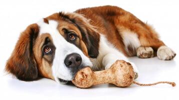 Saint Bernard enjoys chewing on bone while lying comfortably on clean white surface. adorable dog exhibits its playful personality and loyalty perfect for any pet lover photo