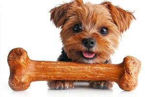 playful Shih Tzu enjoys chewing on large bone showcasing its joyful expression while sitting against bright white background creating vibrant and lively atmosphere photo