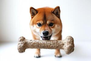 Shiba Inu is depicted energetically chewing on bone showcasing its playful personality. clean white background highlights dog's vibrant fur and focus on treat photo