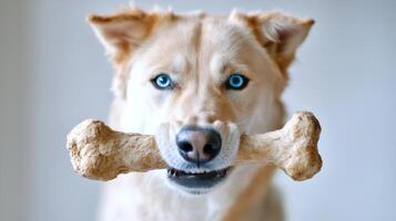 Siberian Husky striking blue eyes is joyfully chewing on large bone. clean white background highlights dog's playful nature and beautiful features photo
