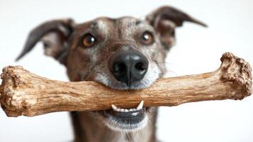 Scottish Deerhound is happily chewing on large bone showcasing its realistic features. captivating moment captures dog's joy and playful spirit clean backdrop photo