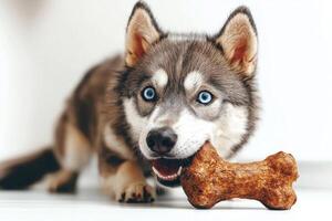 Siberian Husky striking blue eyes is joyfully chewing on bone displaying its playful nature and fluffy coat against clean white backdrop photo