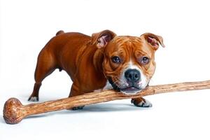 Staffordshire Bull Terrier is playfully chewing on large bone against pristine white background. dog shows joy and focus highlighting its playful nature and sturdy build photo