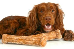 Sussex Spaniel is happily chewing on bone while sitting on pristine white background. dog's fur is rich and shiny reflecting its playful nature and joy while enjoying treat photo
