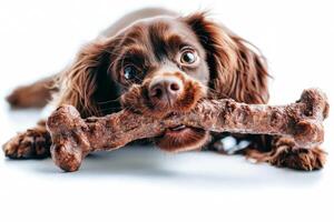 Sussex Spaniel is enjoying large bone showcasing its playful nature against clean white backdrop. dog appears content and engaged in its activity photo