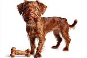 Wirehaired Pointing Griffon is seen chewing on bone against pristine white backdrop. dog's expression shows enjoyment in hyper realistic moment capturing its playful nature photo