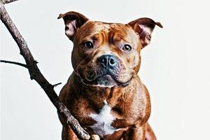 Staffordshire Bull Terrier enjoys chewing on bone showcasing its playful nature. clean white background enhances dog's distinct features and expressions photo