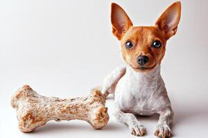 Toy Fox Terrier is happily chewing on bone against clean white background. playful dog is full of energy and charm making it adorable companion photo