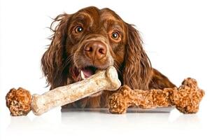 Welsh Springer Spaniel joyfully chews on bone surrounded additional bones presenting delightful and playful scene against vibrant white background photo