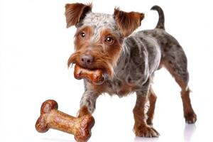 Wirehaired Pointing Griffon is happily chewing on bone while standing on clean white background. Its expression shows excitement and enjoyment photo
