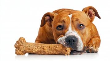 American Bulldog is playfully chewing on large bone lying comfortably on crisp white background. dog has relaxed expression its ears perked up enjoying its treat photo