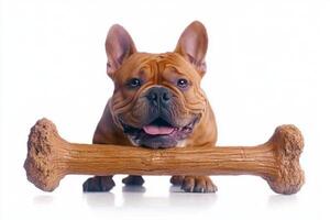 captivating frontal view showcases English Bulldog happily chewing on large bone set against pristine white backdrop. dog displays playful and content demeanor photo