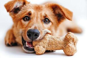 Anatolian Shepherd Dog engages in playful chewing of bone while lying on clean surface. joyful expression highlights dog's playful nature and charm photo