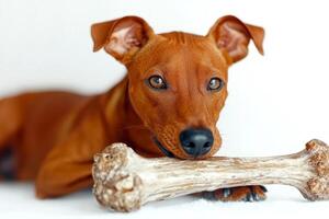 playful Azawakh is happily chewing on bone while resting on clean white surface. dog's expression shows enjoyment and focus during activity photo