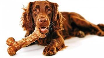 English Springer Spaniel rich brown coat is happily chewing on bone while lying comfortably on spotless white surface. playful moment captures dog's joy and curiosity photo