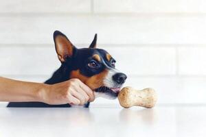 detailed view showcases Entlebucher Mountain Dog focused intently on chewing bone. dog sits on pure white backdrop creating vivid contrast photo