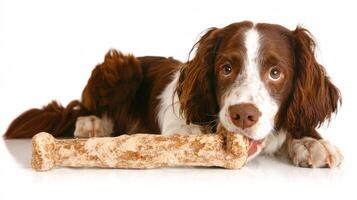 playful English Springer Spaniel chews on bone displaying its enthusiasm. dog sits comfortably on pristine white surface showcasing its joyful demeanor and glossy fur photo