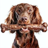 Irish Setter happily chews on large bone showcasing its shiny reddish brown fur and playful demeanor. clean white background enhances dog's features creating engaging visual photo