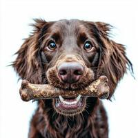 Irish Setter holds bone in its mouth displaying happiness and playfulness against clean white backdrop. dog's joyful expression adds charm of moment photo