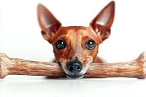 playful Italian Greyhound is seen chewing on bone its eyes focused and ears perked up. bright white background enhances dog's features and joy in moment photo