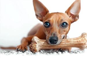 playful Italian Greyhound is focused on chewing bone displaying its shiny coat and perky ears while resting on soft surface. bright white backdrop enhances dog's features photo
