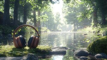 Headphones wooden ear cups and vine like headband rest on soft moss among rocks in serene forest illuminated soft sunlight filtering through leafy trees photo