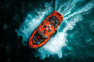 small lifeboat fights against relentless waves in turbulent waters. In backdrop larger vessel barely emerges gloomy rain filled sky photo