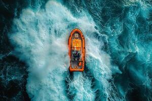 small lifeboat struggles against powerful waves as rain pours from dark sky. larger ship becomes faint silhouette in distance emphasizing lifeboat's challenge photo