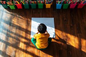 South Asian child is sitting cross legged on classroom floor focused on drawing crayons on large sheet of paper surrounded vibrant art supplies and natural light photo