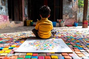 South Asian child sits cross legged on classroom floor deeply focused on drawing crayons on large paper. Colorful supplies surround them creating inviting atmosphere for creativity photo