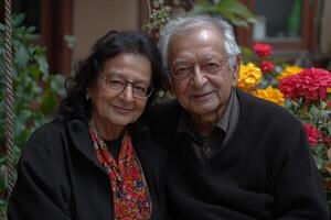 mayor indio Pareja se sienta juntos en jardín columpio sonriente calurosamente mientras rodeado floreciente flores en suave dorado ligero durante tarde tarde. su alegría refleja toda la vida de amor foto
