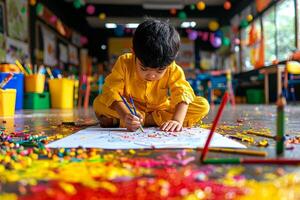 South Asian child sits cross legged on classroom floor focused on drawing crayons on large piece of paper while vibrant art supplies are scattered around photo