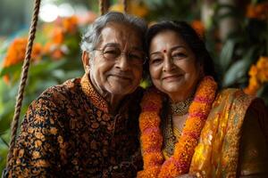 senior Indian couple sits closely on swing in blooming garden sharing smiles and warmth as soft golden light enhances joyful atmosphere of late afternoon photo
