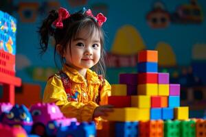 Asian child is happily stacking colorful blocks in lively playroom. Warm lighting enhances cheerful atmosphere while bright murals decorate walls photo
