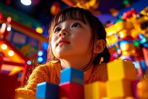 Brightly colored blocks are stacked young Asian child in playroom filled vibrant murals creating joyful and creative environment for play photo