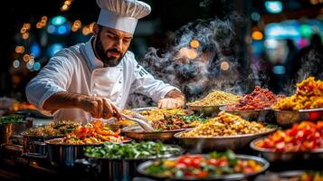 In bustling kitchen chef expertly prepares delicious dish while surrounded fresh ingredients steaming pots and colorful plates. atmosphere is vibrant and energetic photo