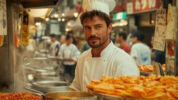 Jesus Christ embodies role of chef in bustling kitchen skillfully crafting dish amidst steaming pots colorful ingredients and lively atmosphere filled culinary activity photo