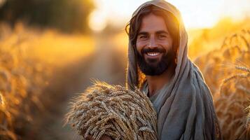 Standing in golden wheat field Jesus Christ holds bundle of harvested grain joyful expression surrounded warm glow of sunlight reflecting gratitude and abundance photo