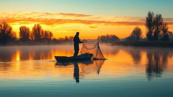 Jesus stands in small boat on calm lake dawn surrounded mist and soft light. He skillfully pulls in net brimming fish embodying peace and serenity photo