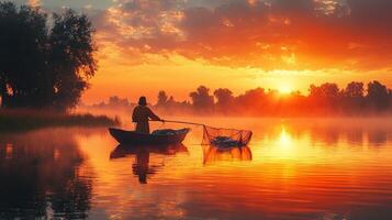 In soft early morning light Jesus Christ stands on small boat in tranquil lake skillfully pulling in net filled fish. water reflects serene colors of dawn photo