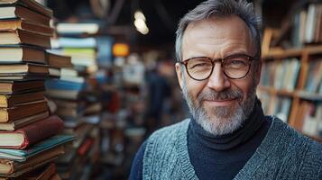 In tranquil library Jesus Christ wearing glasses and warm smile carefully organizes books on shelves amidst stacks creating welcoming atmosphere for readers photo