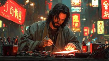 In well lit garage Jesus Christ wears mechanic jumpsuit his robe visible as he diligently works hood of car surrounded various tools and spare parts photo