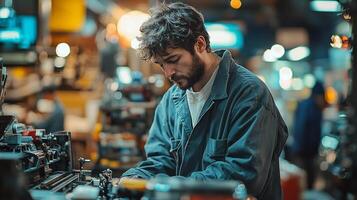 Jesus Christ dressed in jumpsuit robe showing works hood of car in well lit garage filled tools and spare parts focused on his task photo